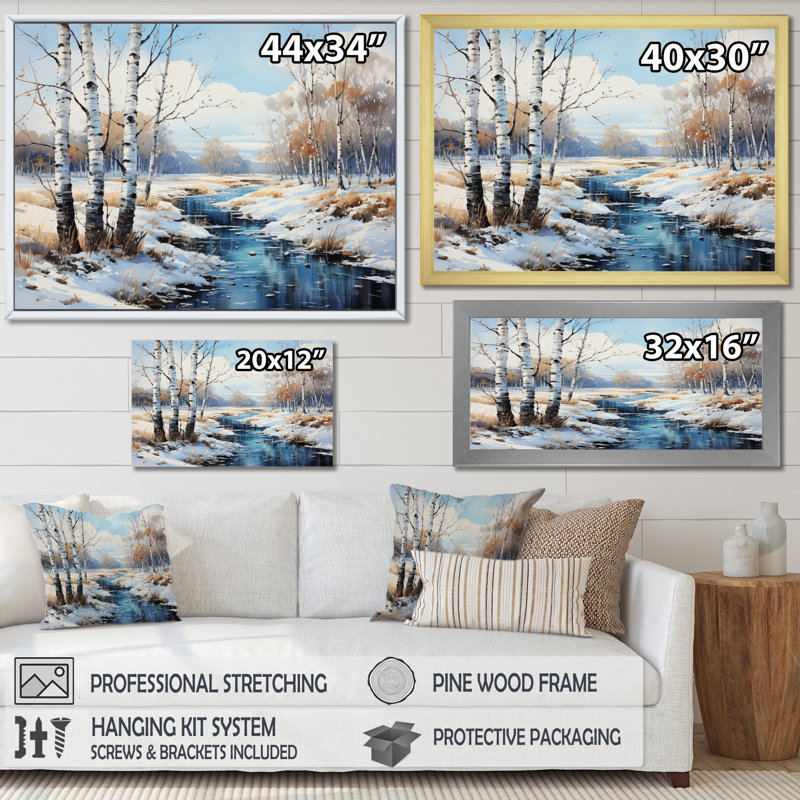Birch Woods Winter Whispers IV - arbre, art mural Birch, Cadre simple blanc, H 24 po x l 32 po x P 1 po