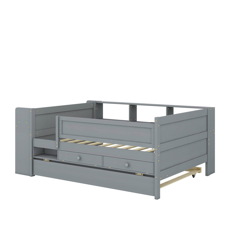Lit de jour simple avec tiroirs et lit gigogne, tête de lit et tables de rangement, Gris