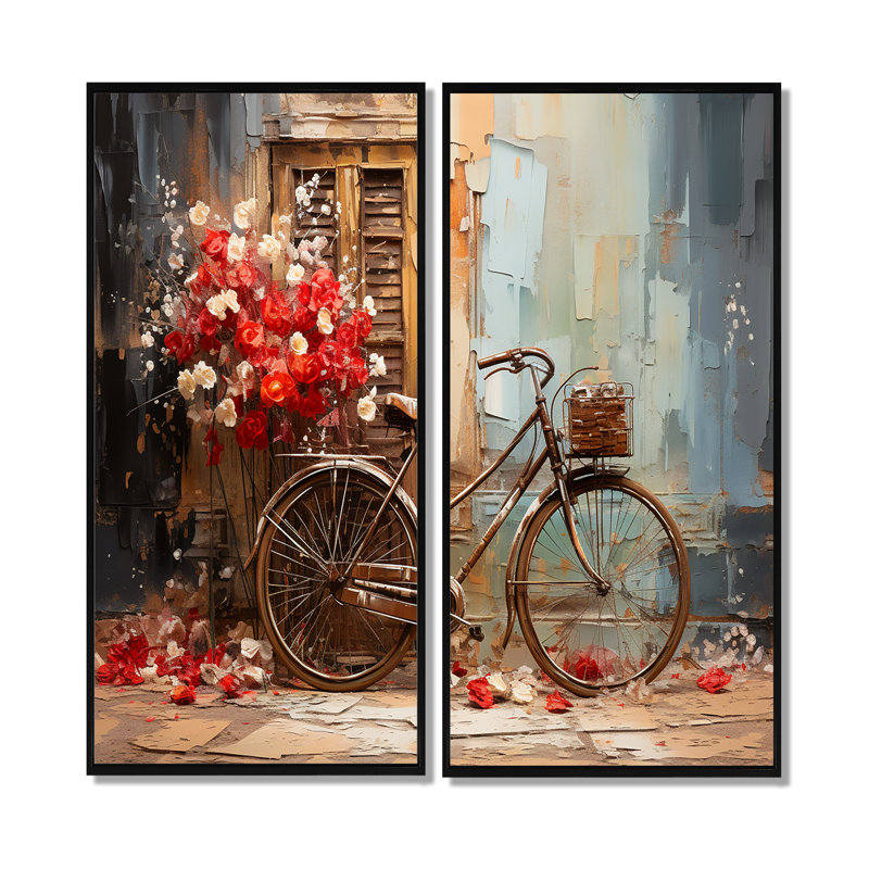 Crimson Ride Red Flowers - Art mural moderne 2 panneaux, H 32 po x l 32 po, Impression encadrée flottante, Noir