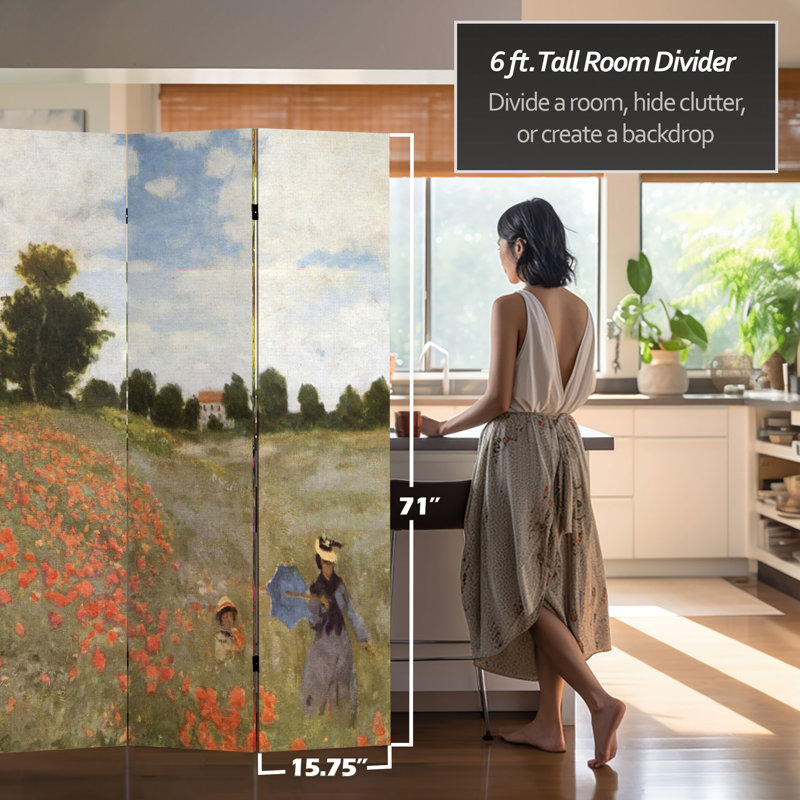 70.88" x 63" Double Sided Works of Monet 4 Panel Room Divider, 71" H x 47.25" W x 1" D