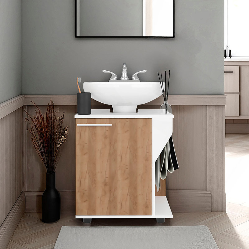Under Sink Storage 24.4" H, 1 Door, 2 Shelves, 4 Legs, White / Natural Oak - Bathroom, White/Natural