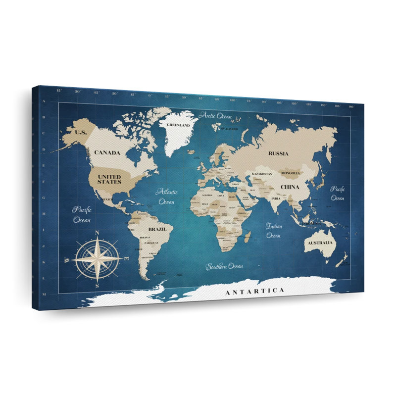 Carte du monde cobalt sur toile, H 26 po x l 39 po x P 1,25 po