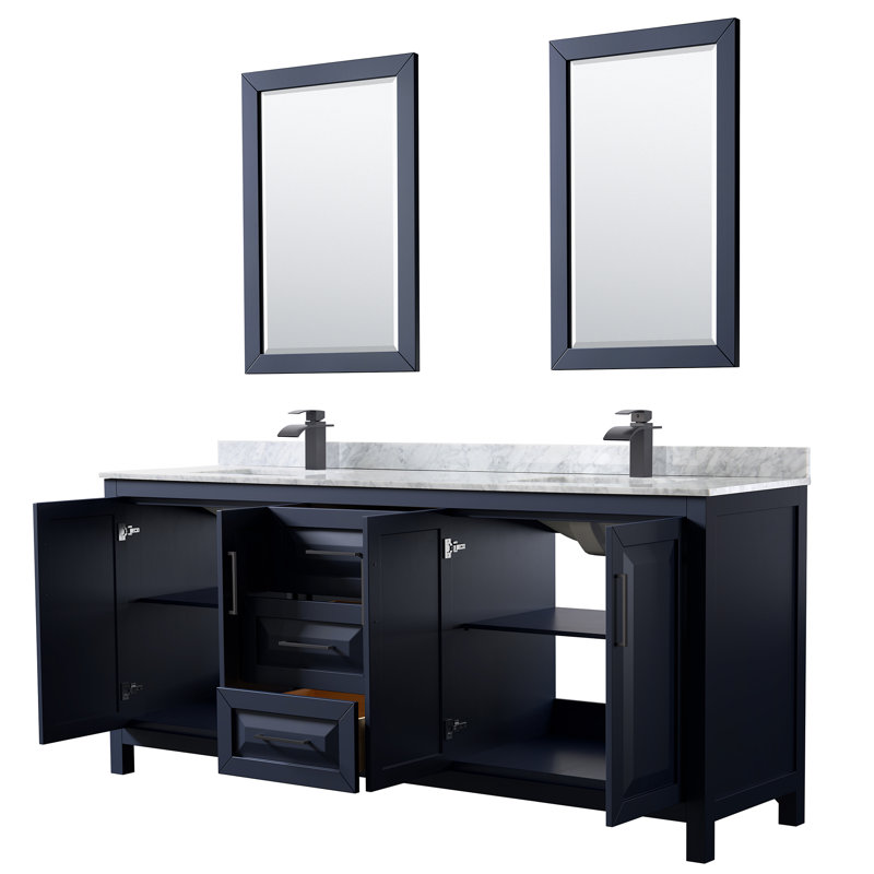 Daria 80'' Double Bathroom Vanity with Marble Top, Dark Blue, White Cultured Marble, Matte Black