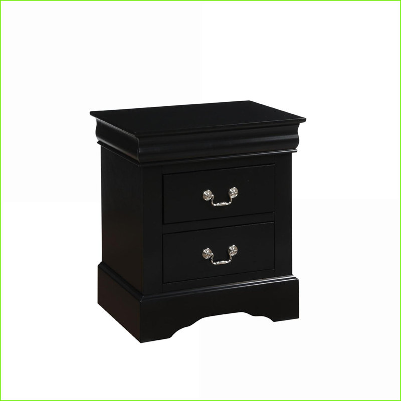 Table de chevet noire moderne à 2 tiroirs avec poignées en nickel brossé