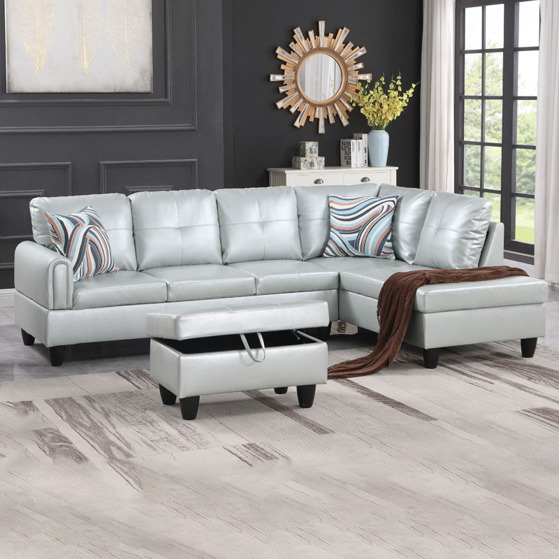 Jayzen 3 - Piece Vegan Sectional, Right Hand Facing, Silver Green Faux Leather, Black