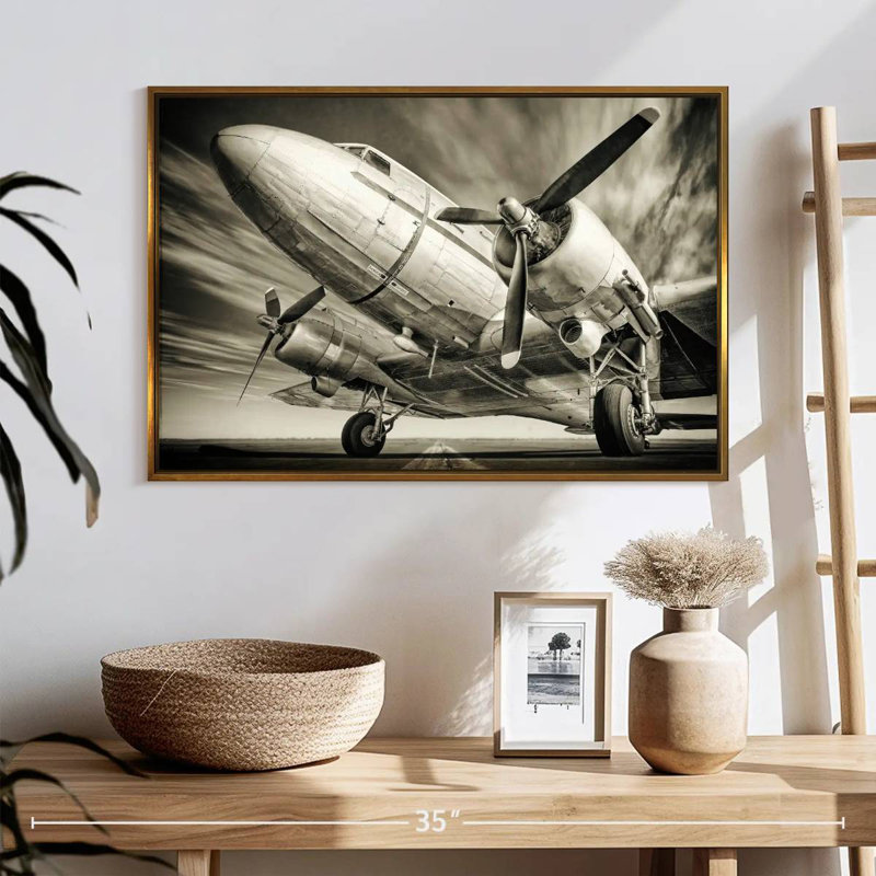 Avion rétro monochrome, 25 po x 17 po, Cadre flottant doré