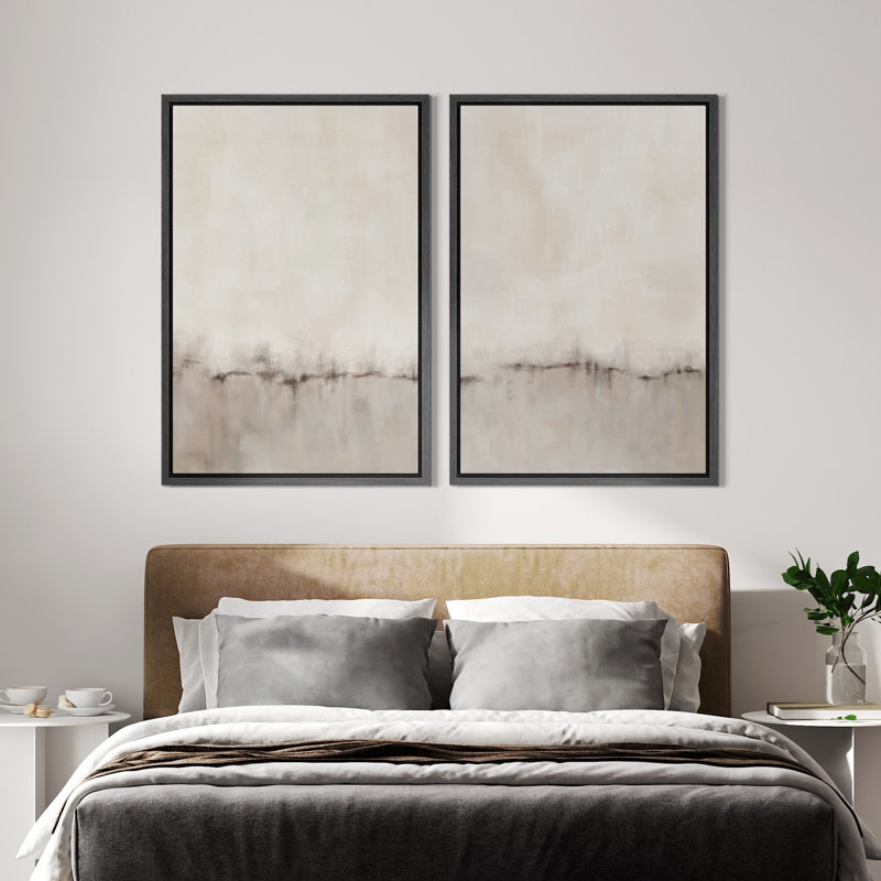 Duotone Tan Abstract Landscape Minimalist Neutral Framed Canvas 2 Pieces Print Modern Artworks, Black, 36" H x 48" W x 1.5" D