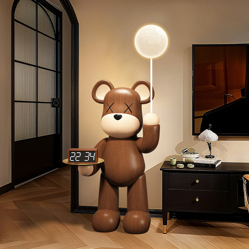 Sculpture moderne d'ours en résine de luxe avec lampe de lune à DEL et tirelire