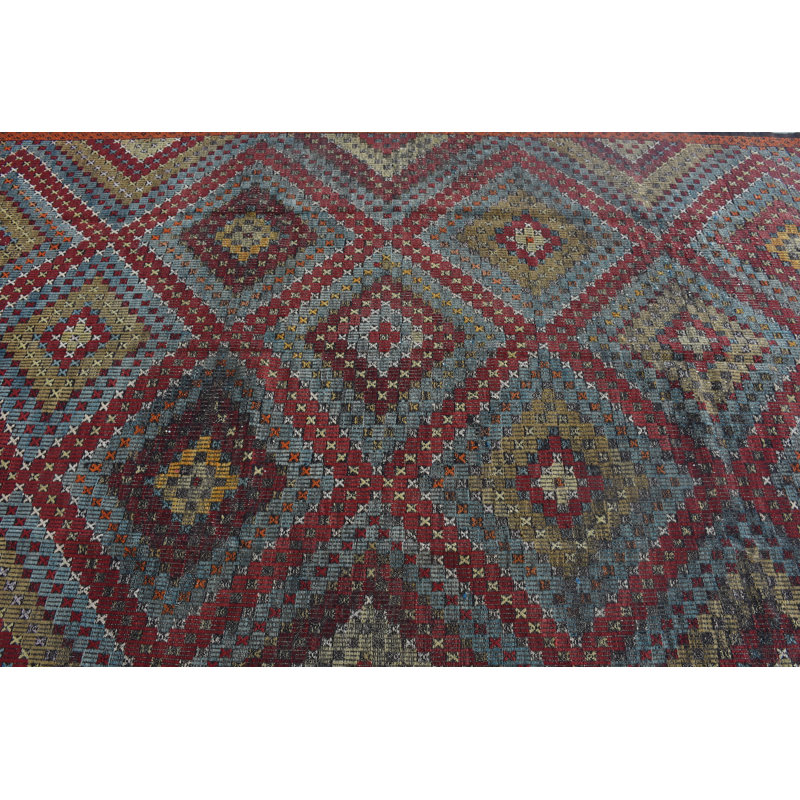 Élégant tapis géométrique en laine rouge de 69,3 x 125,2 pouces