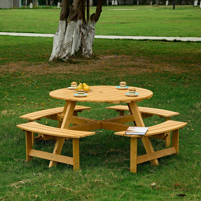Table de pique-nique ronde pour 8 personnes avec 4 bancs intégrés. Imperméable, naturel, pour le patio, la cour, le jardin - Banc pour parasol - Pour la cour