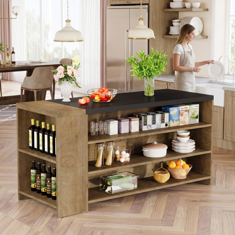 55" Farmhouse 5-Tier Kitchen Island Table with Storage Shelves, Light Brown