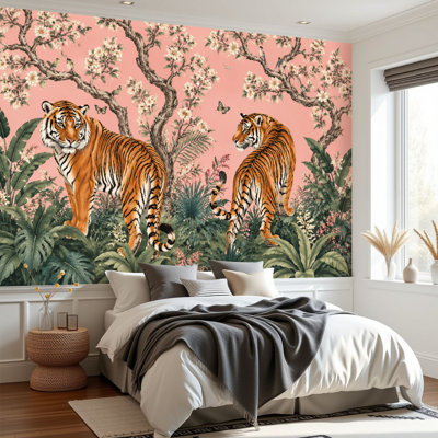 Papier peint adhésif peler et coller pivoines, arbres, bambous, palmiers, tigres, style chinoiserie, papier auto-adhésif amovible, décoration murale pour le salon, chambre à coucher H 69 po x l 96 po