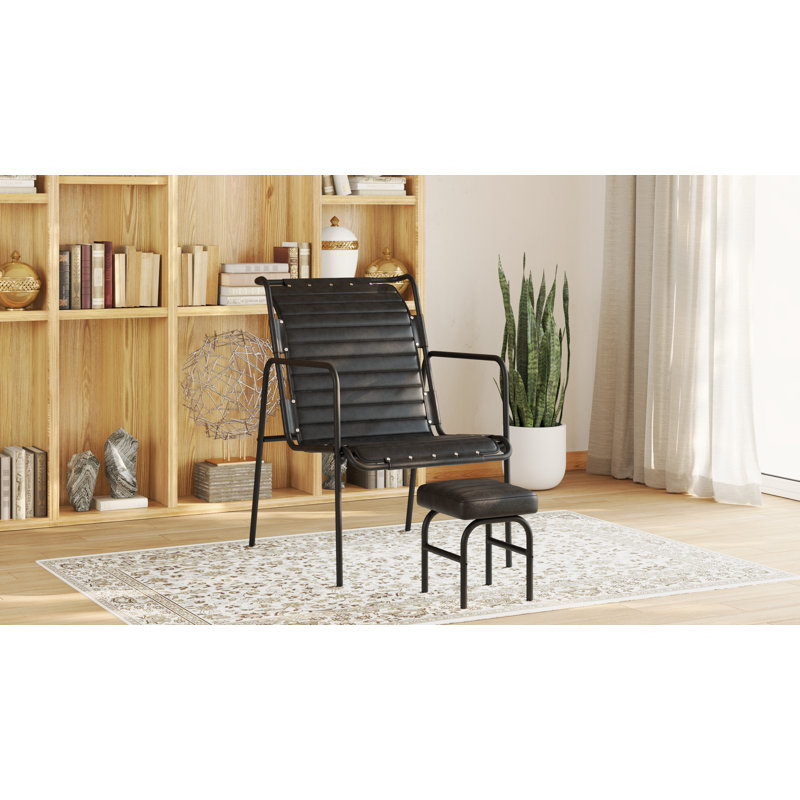 Fauteuil d'appoint avec repose-pieds pour le salon, Cuir véritable noir