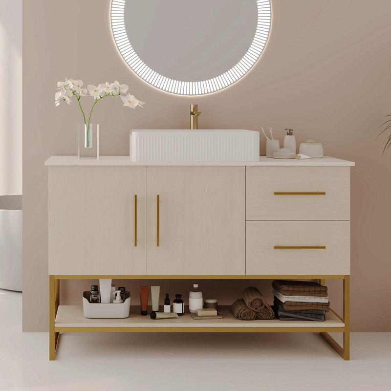 Meuble-lavabo moderne 47,2 po avec lavabo vasque en céramique, armoire autoportante dorée