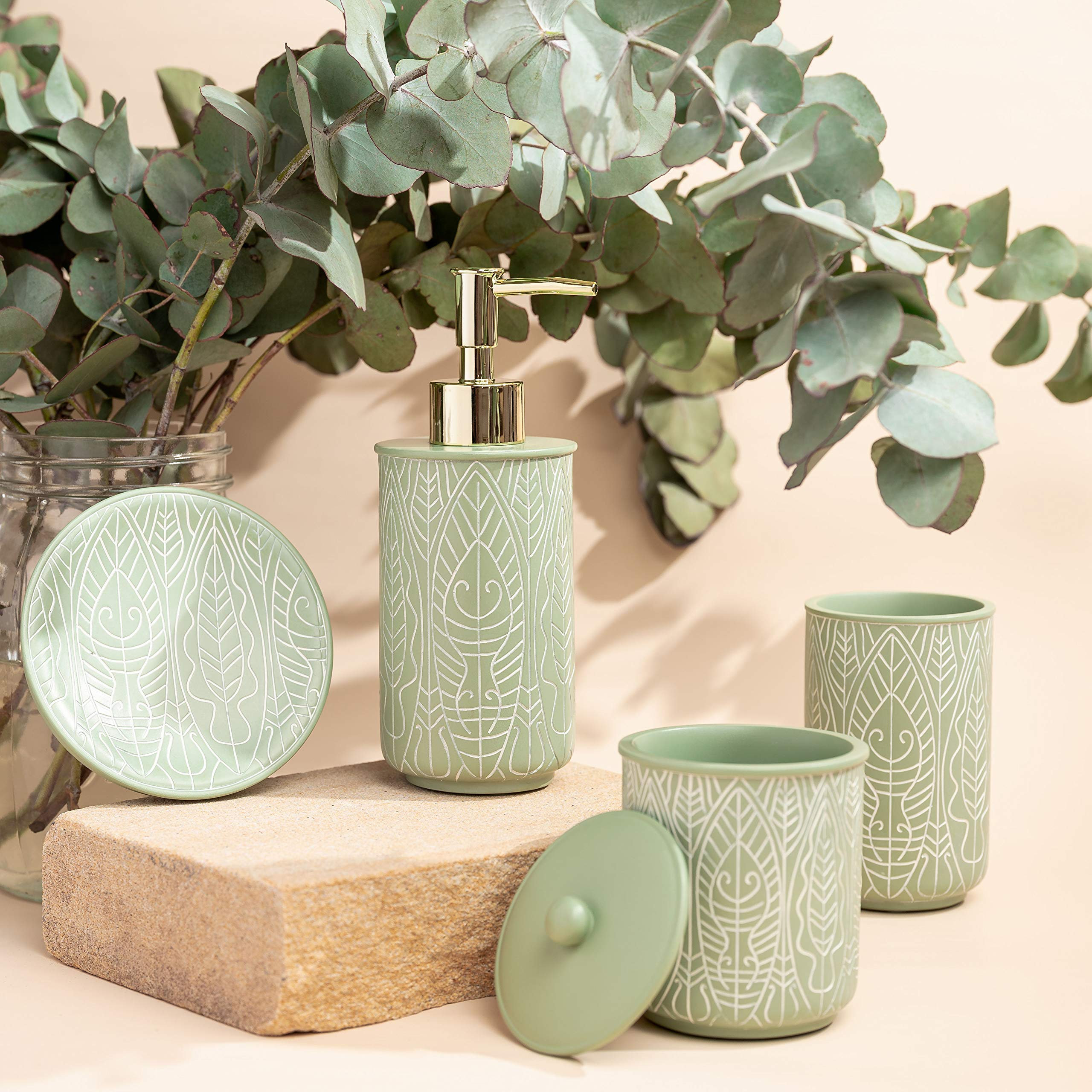Image showcasing Lark Manor Premium Pastel Green Bathroom Accessories Set, Green, Boho ...