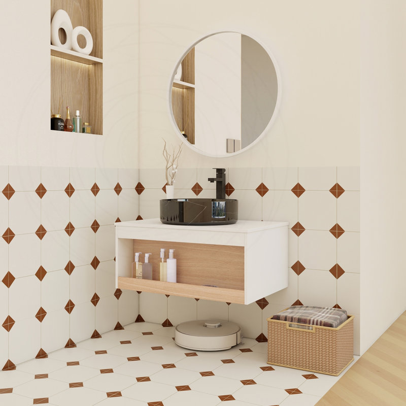 Meuble-lavabo flottant 30 po avec vasque en marbre noir, 29.53", Black Marble