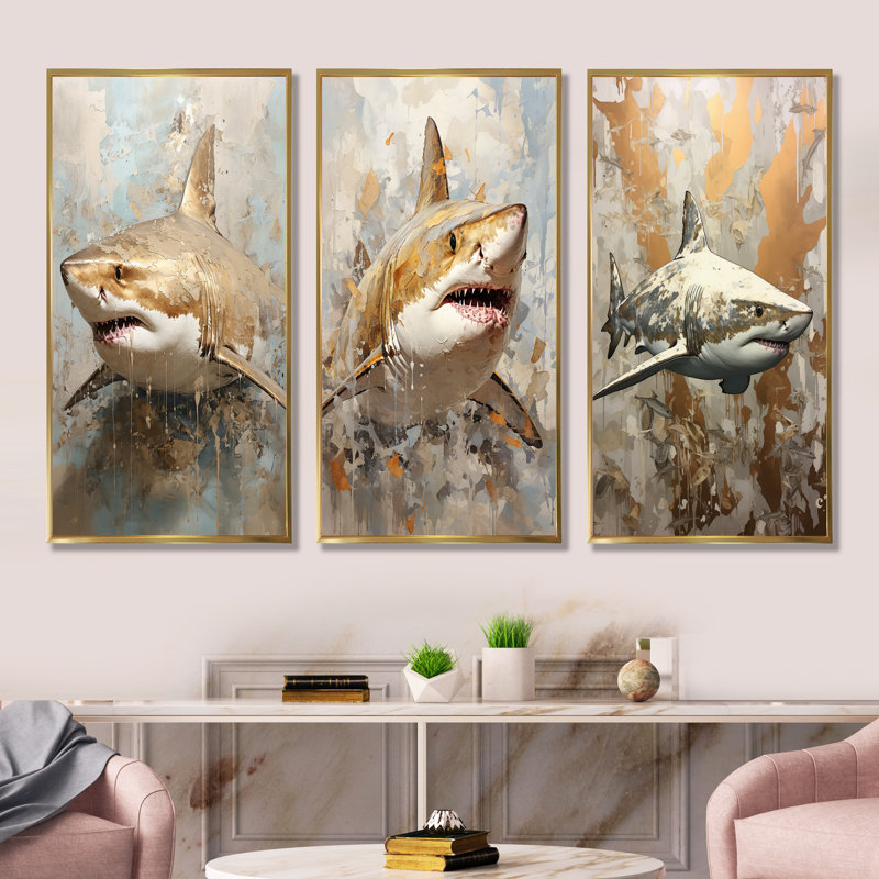Minimalisme requin, peinture en beige doré - ensemble de 3 impressions d'art de requin, Cadre flottant doré