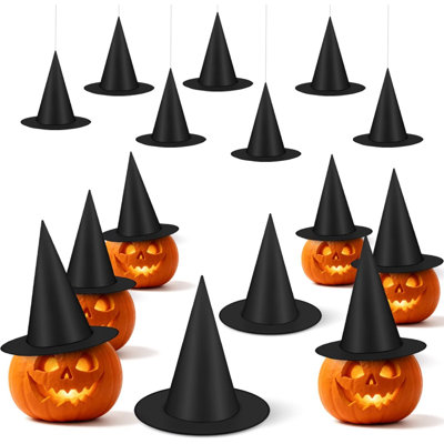 15 Pcs Halloween Decorative Witch Hats, Thick Black Witch Hats Bulk, With 147 FT Rope Hanging Witch Hat, Halloween Outdoor and Indoor Decoration Party Supplies, Witch Costume Accessories