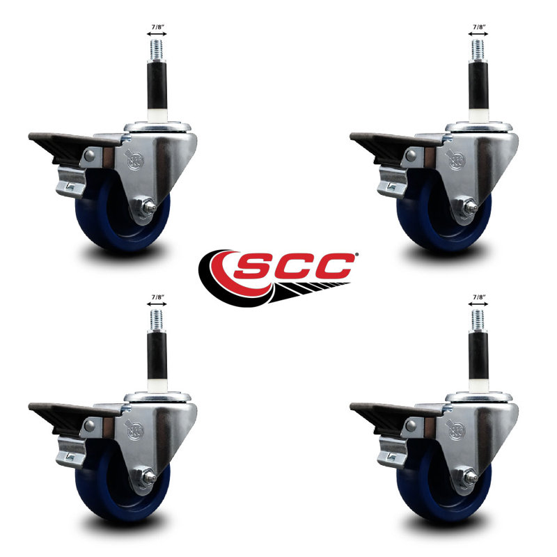 3 Inch Solid Poly Swivel 7/8 Inch Expanding Stem Caster Set with Brake SCC