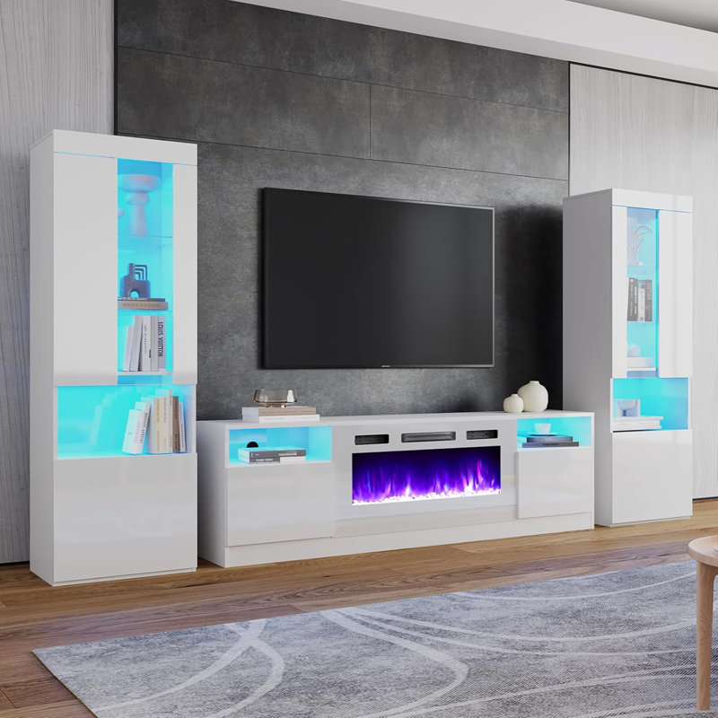 Meuble audio-vidéo Bhhatu, Blanc, H 71 po x L 118 po x l 16 po