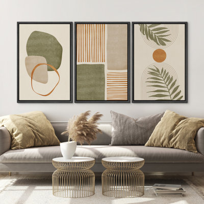 Mid Century Modern Boho "Organic Tropical Leaf Artwork, Neutral Abstract Warm Pictures, Framed Canvas 3 Pieces Giclee Print Wall Art