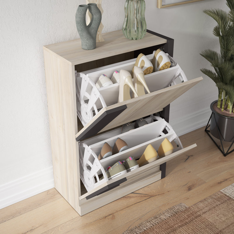 16 Pair Shoe Storage Cabinet, Light Beige/Dark Grey