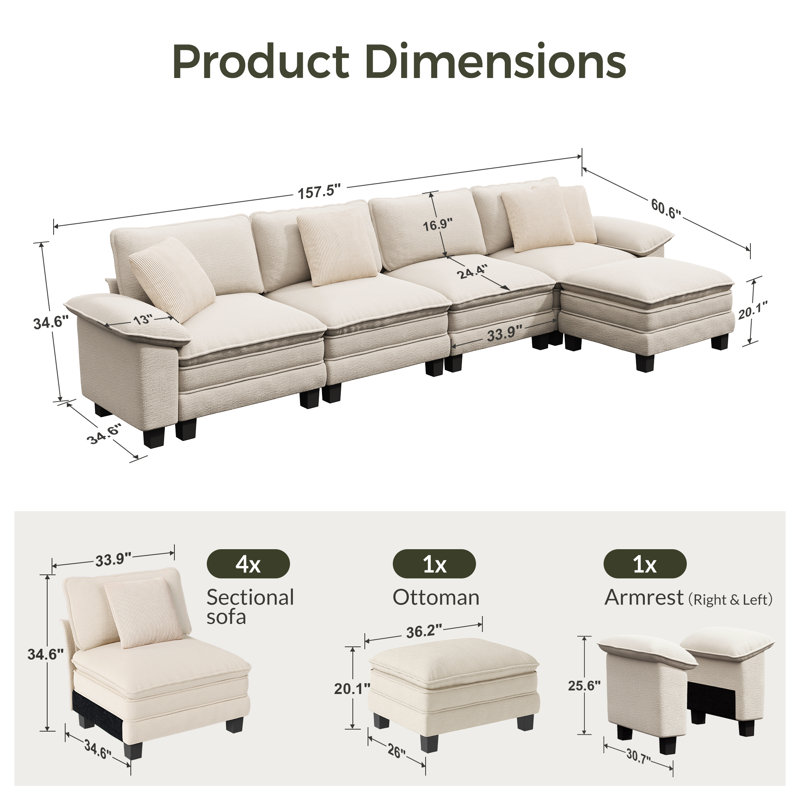 Canapé modulaire de 158 po, canapé en L surdimensionné avec repose-pieds et siège profond à 5 places avec coussin décoratif