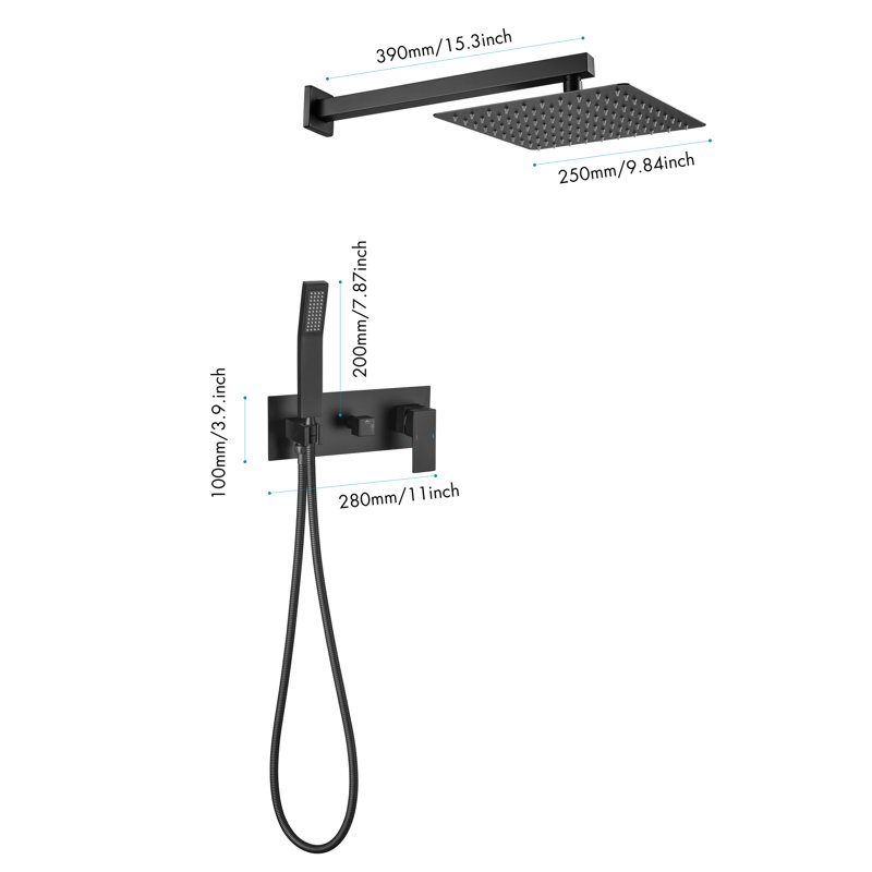 Système de douche en laiton noir mat - pomme de douche pluviale de 10 pouces avec robinet de douche de salle de bain à main, mélangeur de luxe,