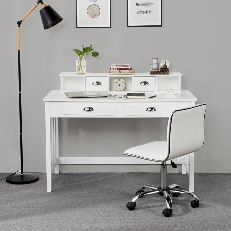 Large Computer Desk, White Home Office Workstation With 4 Storage Drawers, Modern PC Work Table 23 Deep With Monitor Stand For Screen, Wood Stable Executive Table With Large Desktop
