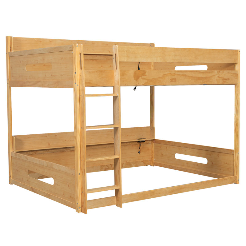 Queen over Queen Bunk Bed with Storage Shelves and USB Charging Ports, Solid Wood Frame, Wood Color, Wood