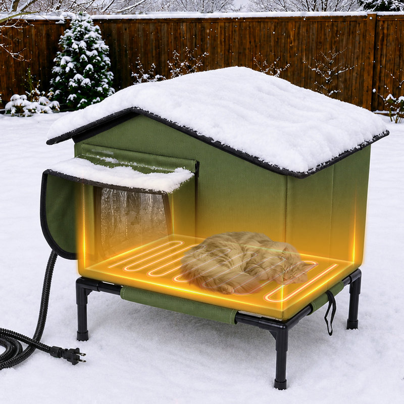 Abri pour chat chauffé et chauffé pour l'extérieur pour chat avec plusieurs animaux, base surélevée, porte de secours et fenêtre de toit