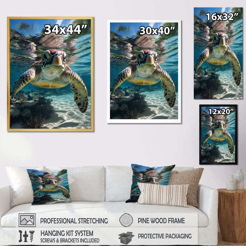 «Green Teal Turtle Portrait Stunning - Marine Animals», art mural sur toile, Cadre flottant doré