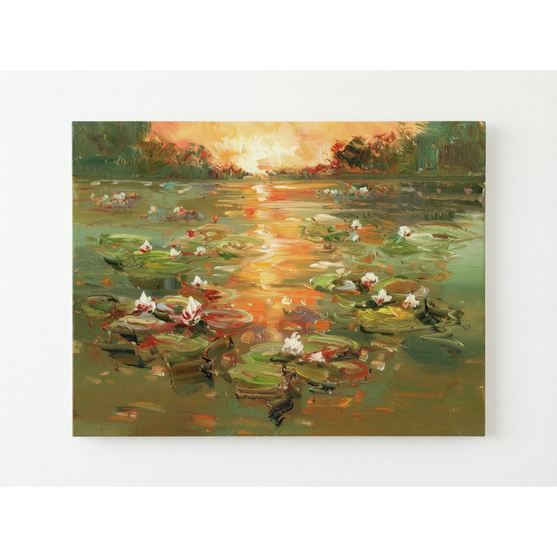 «Glowing Sunset Water Lilies», reproduction d'art sur toile, impressionnant empâtement floral étang, art mural nature