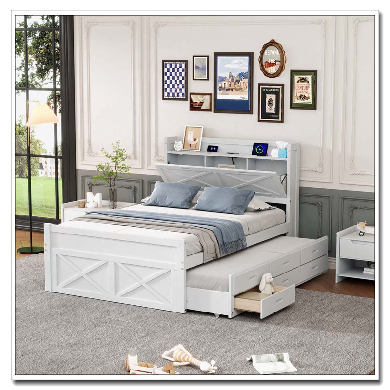 Lit en bois avec tête de lit avec prises de courant, lit extensible avec lit gigogne et trois tiroirs de rangement, Blanc