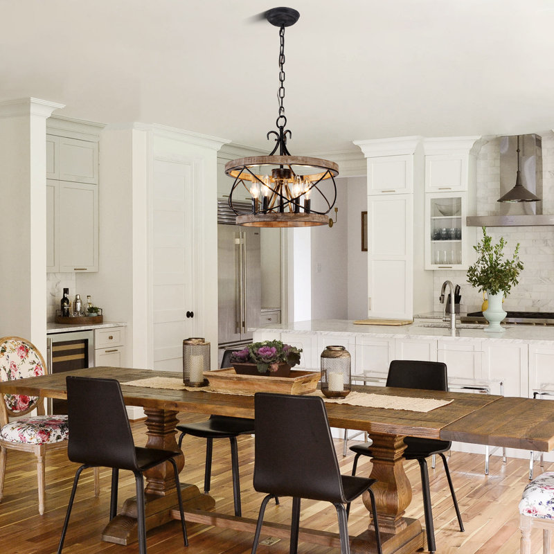 Lustre tambour en bois massif à 5 lumières Reback avec détails en métal, H 15,7 po x l 15,7 po x P 15,7 po, Bois patiné