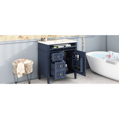 Meuble-lavabo moderne bleu avec lavabo 30 po et 2 tiroirs pour lavabo de rangement avantageux, roman