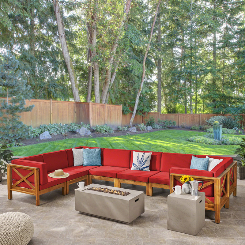 Stickland 8 - Person Modular Patio Conversation Set with Cushions, Teak Frame / Red Cushion