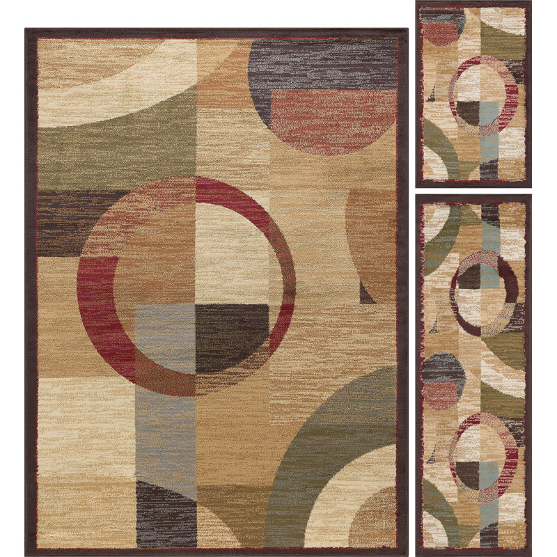 Circles Contemporary Abstract Circles Multi-Color 3-Piece Rug Set: (5' X 7', 20'' X 60'', 20'' X 32'')
