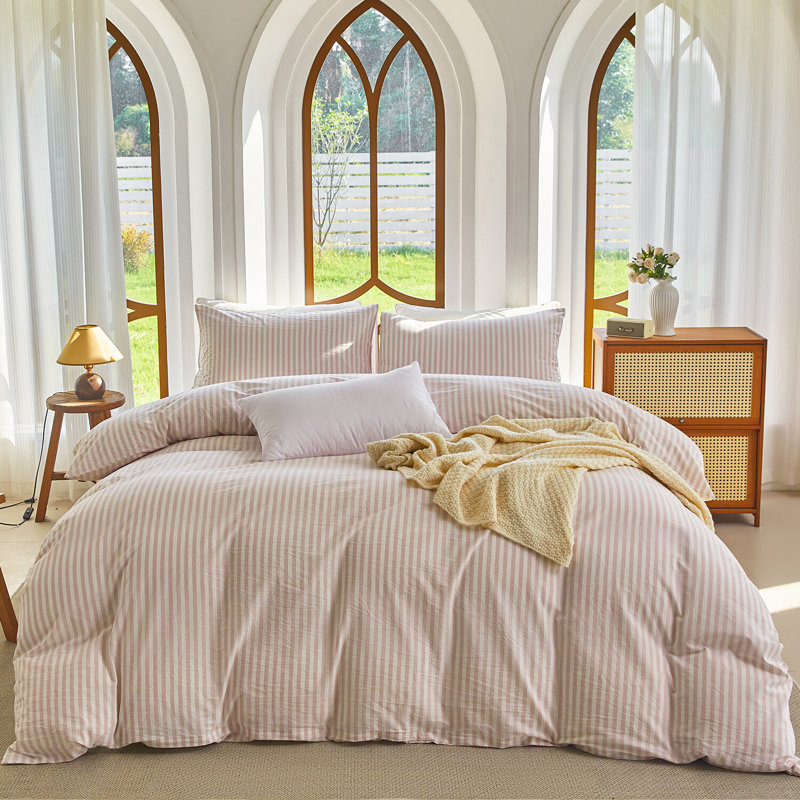 Ensemble de housse de couette rayée 100% coton délavé XINMIANFANG, Rayé rose / blanc