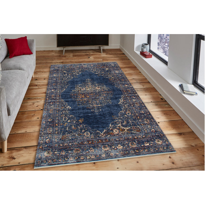 Tapis gris / bleu / brun rectangulaire en polyester tissé à plat à la machine 4 pi 3 po x 6 pi 3 po Merih