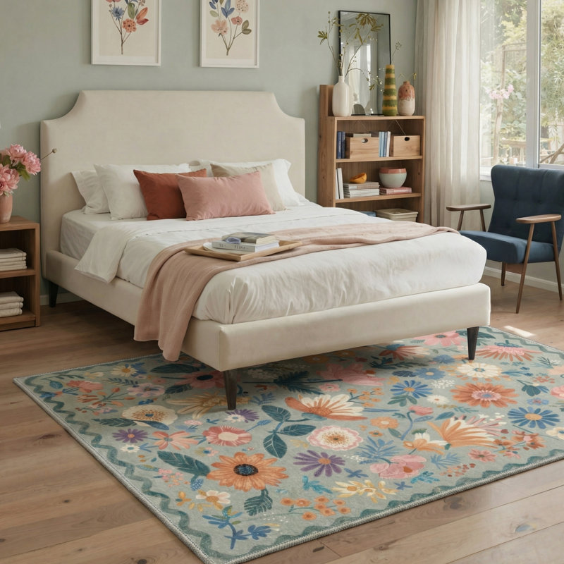 Aarna Blossom Floral Machine Washable Green / Beige Indoor Area Rug with Non-Slip Backing, Rectangle 9' x 12'