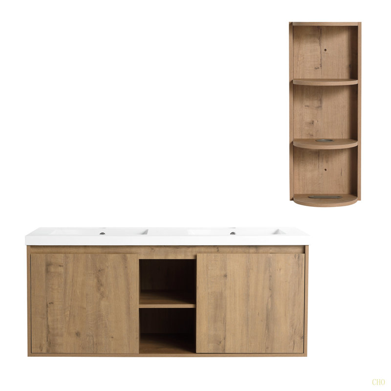 Meuble-lavabo mural 48 po avec double lavabo et support de rangement, portes à fermeture douce, armoire combinée (KD-Packing)