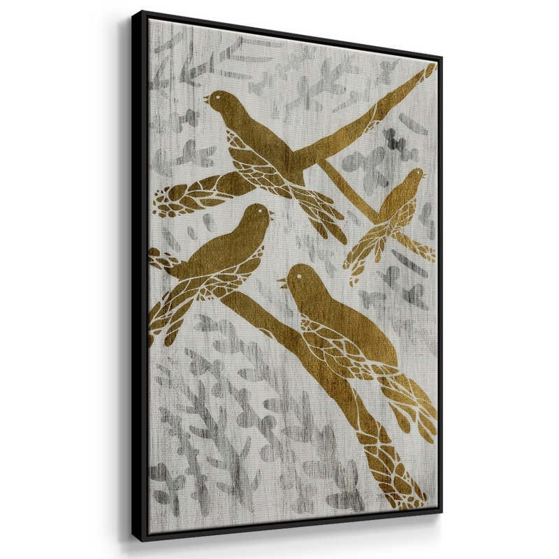 «Four Calling Birds - Gold Leaf Holiday», reproduction sur toile, Cadre flottant noir, H 25 po x l 17 po x P 1,5 po