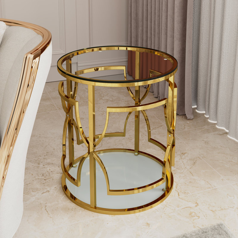 Table d'appoint ronde dorée de luxe 19,7 po avec plateau en verre trempé et tablette de rangement, table de bout moderne avec cadre en métal pour salon, chambre à coucher, canapé, table d'appoint pour petit espace