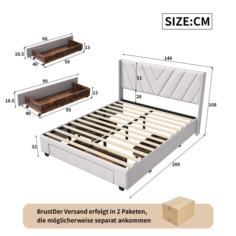 Upholstered Bed Frame with Channel Tufted Headboard, European Double (140 x 200 cm)