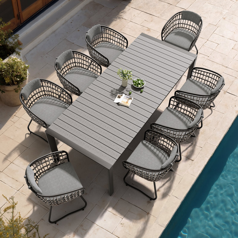 8 - Person Aluminum Patio Dining Set With Rattan Chairs And Umbrella Hole, Gray Cushion/Dark Gray Table Top