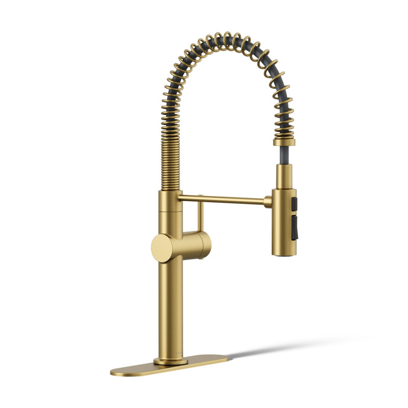 Kohler Crue Single Handle Semi-Professional Pre-Rinse Kitchen Faucet with Three-Function Pull Down Sprayer, Brass