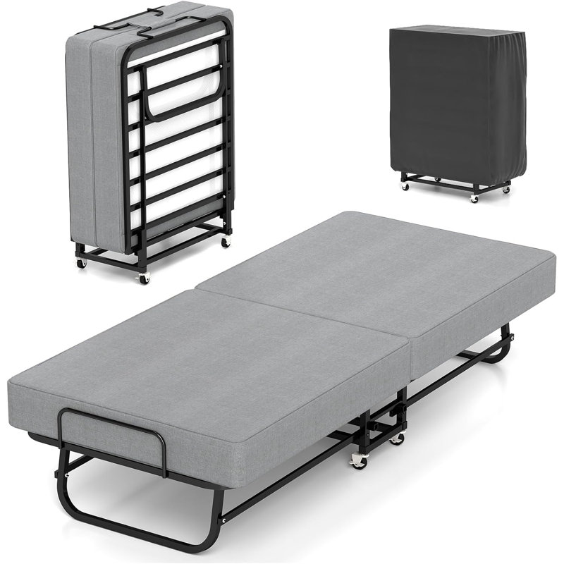 Folding Bed With Mattress, Portable Fold Up Bed For Adults, Space Saving Foldable Single Guest Bed On Wheels, 6Cm Thick Memory Foam Mattress And Metal Frame