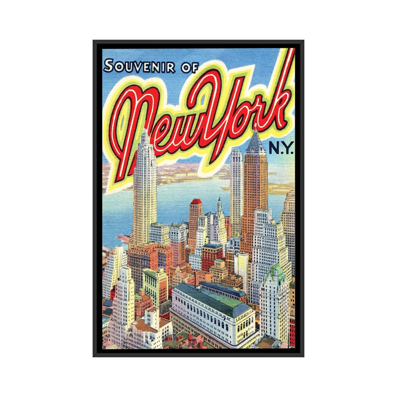 Souvenir Of New York, NY, Travel Postcard - Print on Canvas, 101.6 cm H x 66.04 cm W, Black Framed