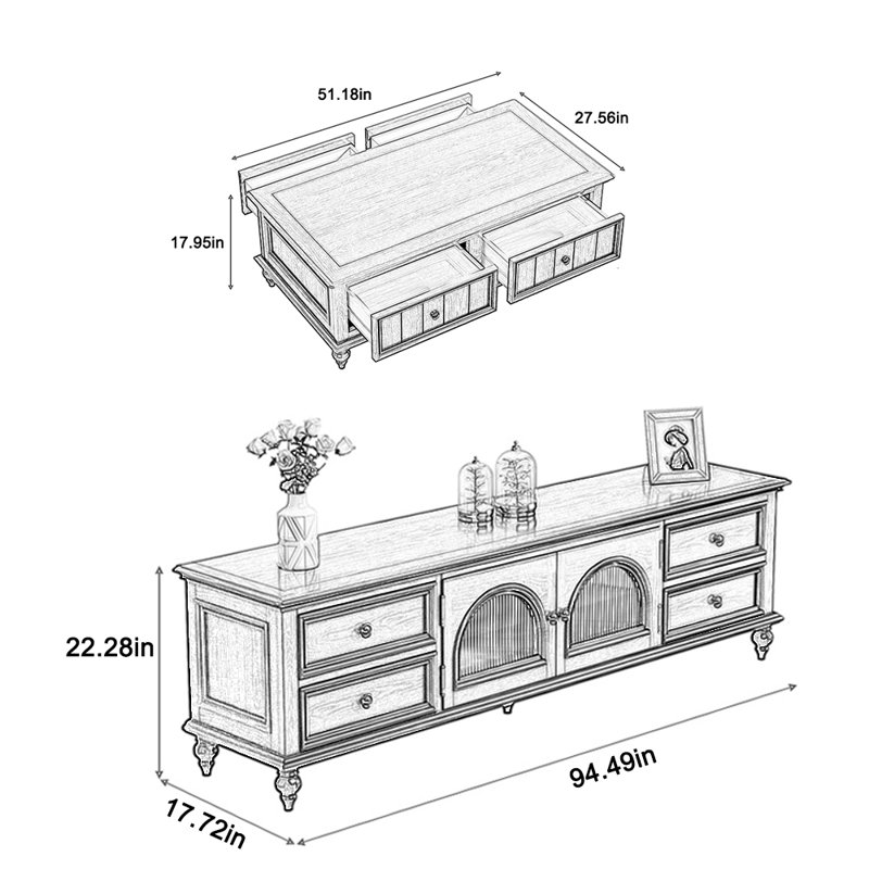 Table basse en bois massif avec armoire télé